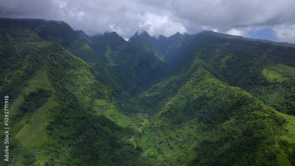 Valley Valle de Tautira Vaitia Teahupoo Mont Aorai Faretua North Shore Tahiti French Polynesia aerial drone Vaitepiha River Taravao canyon ravine jagged mountains green lush sunny cloudy circle right Valley Valle de Tautira Vaitia Teahupoo Mont Aorai Faretua North Shore Tahiti French Polynesia aerial drone Vaitepiha River Taravao canyon ravine jagged mountains green lush sunny cloudy circle right