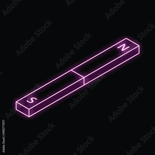 Glowing neon magnet is floating on a black background