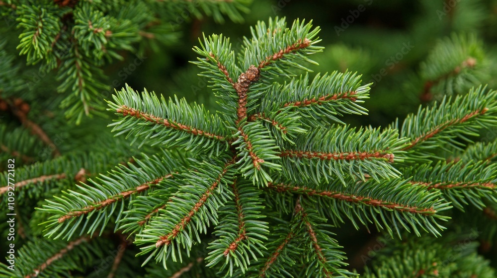 Close-up of pine tree branches and needles. The texture of the short, green needles is visible against a green background. Close-up of pine tree branches and needles. The texture of the short, green needles is visible against a green background.