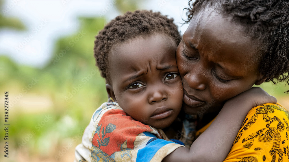 child crying in the arms of a distraught mother, both looking shell-shocked
