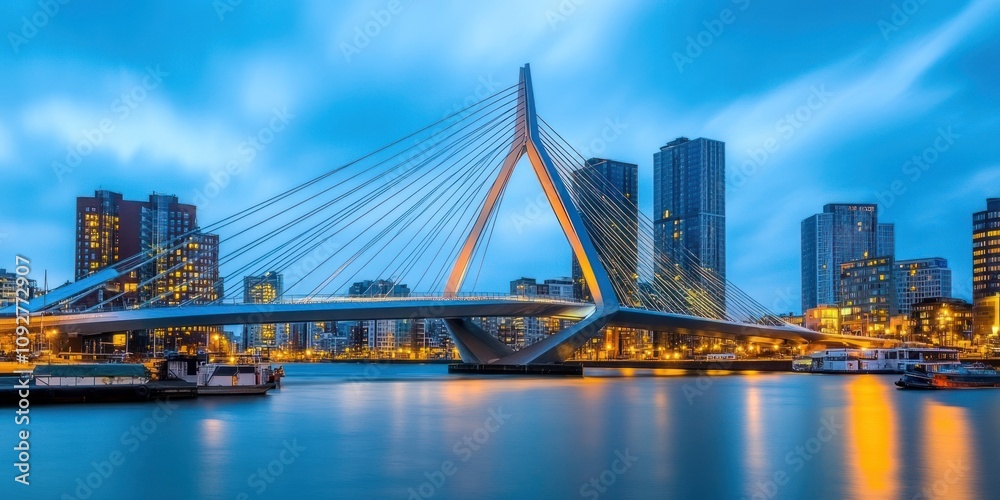 Fototapeta premium A modern cable-stayed bridge illuminated at dusk, reflecting in the water below.