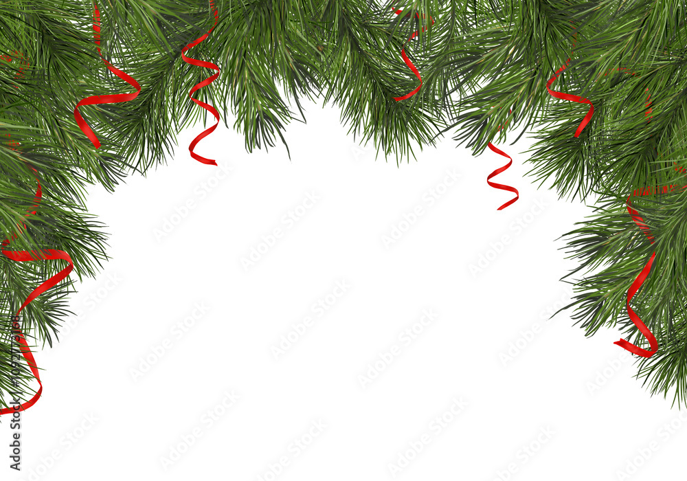 Christmas horizontal card with fir branches and festive serpentine. Watercolor digital illustration. Red ribbons and fluffy pine branches isolated on white background. For winter banners, invitations, Christmas horizontal card with fir branches and festive serpentine. Watercolor digital illustration. Red ribbons and fluffy pine branches isolated on white background. For winter banners, invitations,