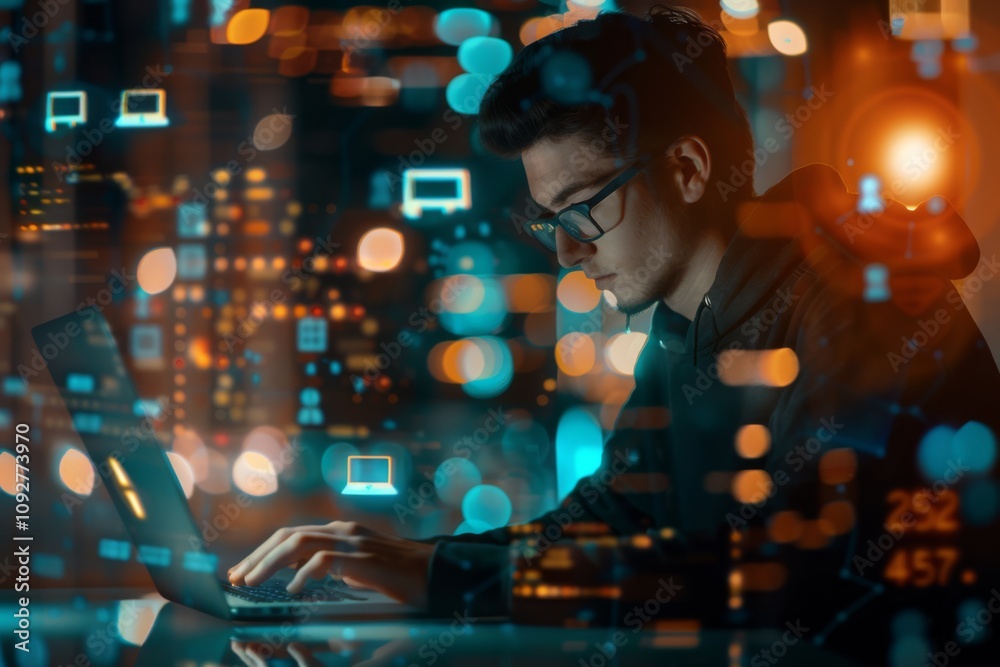 Focused Programmer Typing on Laptop Surrounded by Digital Data and Virtual Elements Representing Technology and Innovation in a Modern Workspace Focused Programmer Typing on Laptop Surrounded by Digital Data and Virtual Elements Representing Technology and Innovation in a Modern Workspace