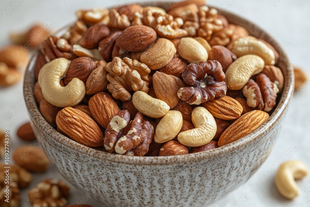 Mixed nuts in a decorative bowl. Mixed nuts in a decorative bowl.