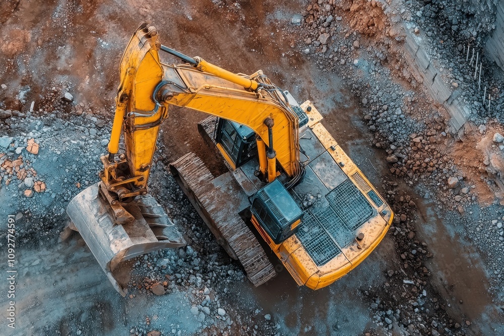 Excavator working on a construction site to move dirt and rocks at midday Excavator working on a construction site to move dirt and rocks at midday