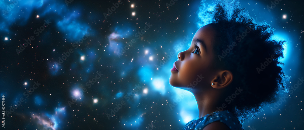 portrait of cute black kid standing and looking into astonishing night sky; concept of interest in astronomy, stars, universe; copy space