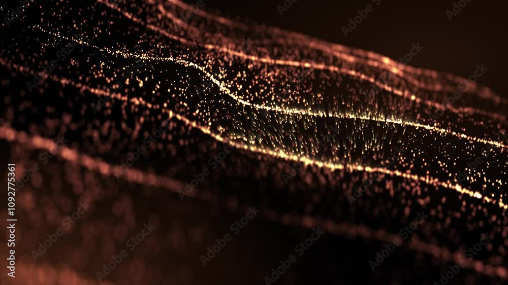 Digital particle wave and light abstract background, futuristic cyber background with wave magic animation of sparkling glowing golden dust and glitter particles, shimmering and glowing dots. 3D. loop Digital particle wave and light abstract background, futuristic cyber background with wave magic animation of sparkling glowing golden dust and glitter particles, shimmering and glowing dots. 3D. loop