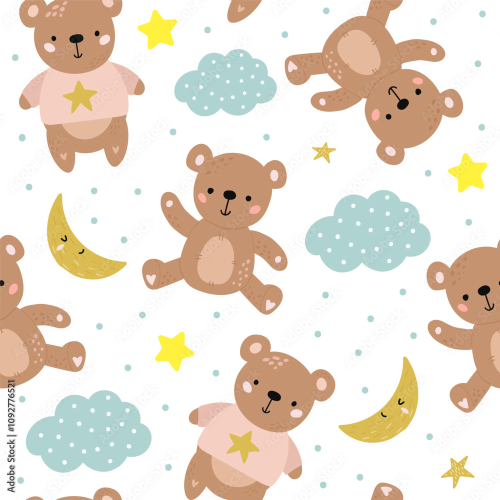 seamless pattern featuring adorable teddy bears, stars, clouds, and crescent moons on a white background.