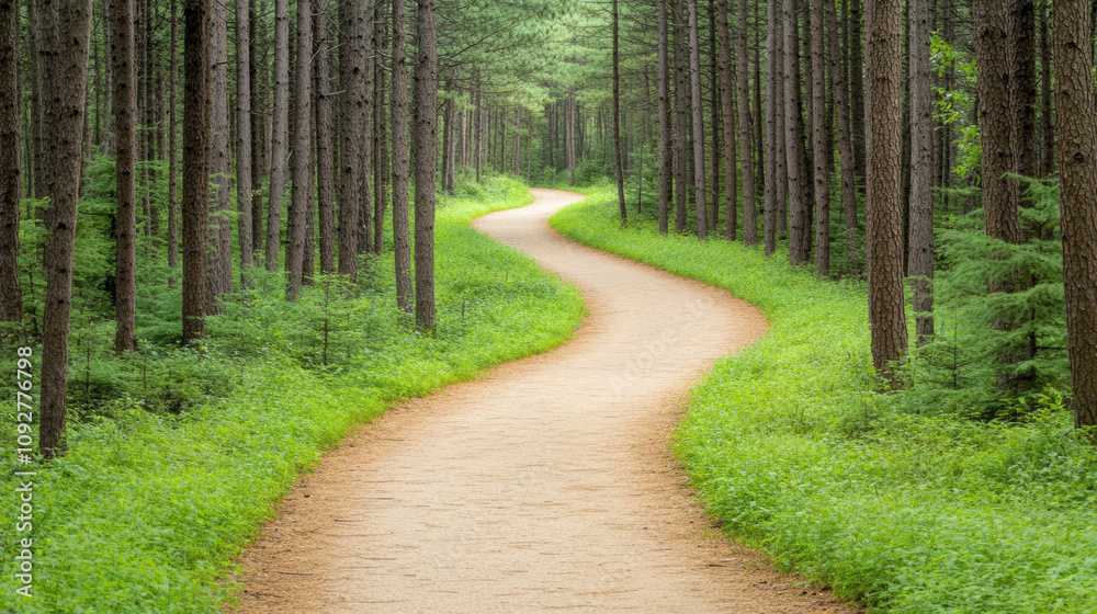 Fototapeta premium Winding path through a lush green forest invites exploration and tranquility, AI