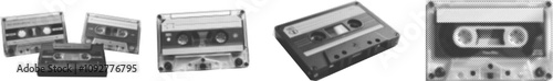 Music collage set with audio cassette vintage halftone style. Halftone vintage cassette tape.