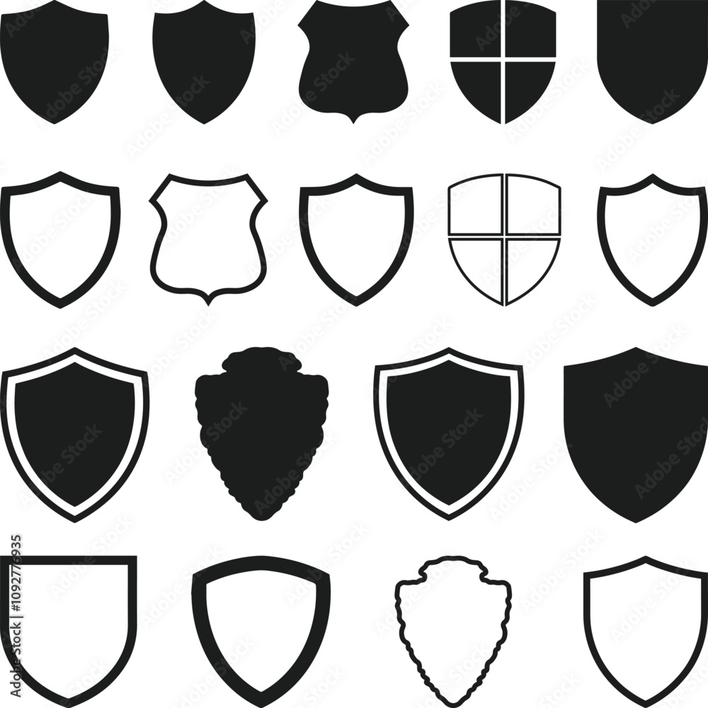 Shield icon Logo set. Protect shield security line icons. Badge quality symbol Silhouette Shield icon Logo set. Protect shield security line icons. Badge quality symbol Silhouette