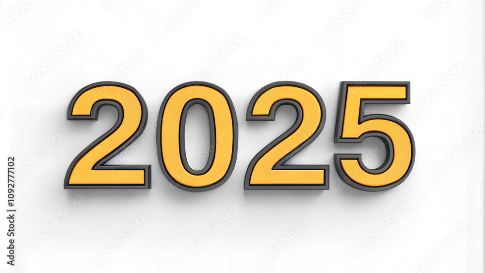 Yellow 2025 text with shadow effect on white background Yellow 2025 text with shadow effect on white background