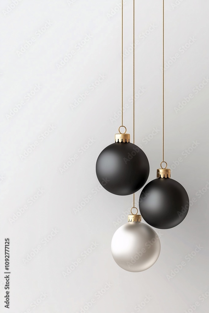 Black and white Christmas ornaments with gold accents hanging on strings against a light background Black and white Christmas ornaments with gold accents hanging on strings against a light background