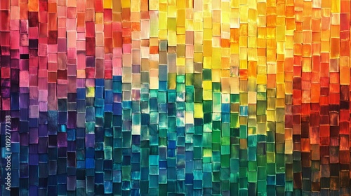 A rainbow-colored vertical gradient in a pixelated mosaic pattern