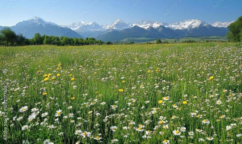 A vibrant flower field with mountains in the background under a clear sky. A vibrant flower field with mountains in the background under a clear sky.