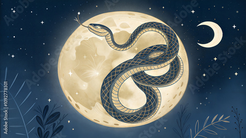 Snake illustration coiled around a glowing moon