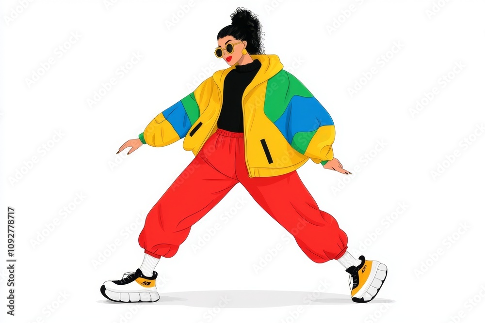 Fototapeta premium Bright 2D depiction of an aerobics instructor leading a fun routine, with exaggerated movements and a white backdrop