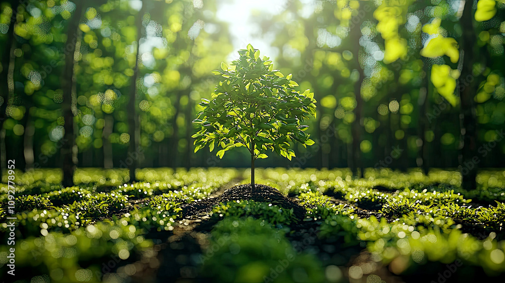 A young tree stands prominently amidst lush greenery, symbolizing growth and renewal in a serene forest setting. A young tree stands prominently amidst lush greenery, symbolizing growth and renewal in a serene forest setting.