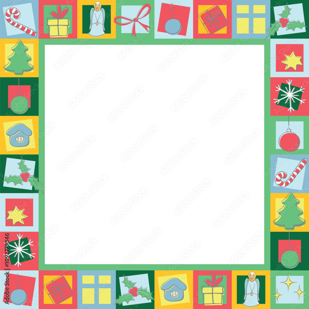 Winter vector square frame of xmas holiday icons. Modern geometric christmas mosaic, isolated. Vector Festive bright minimalist decoration, Background, backdrop for theme of Christmas, new year Winter vector square frame of xmas holiday icons. Modern geometric christmas mosaic, isolated. Vector Festive bright minimalist decoration, Background, backdrop for theme of Christmas, new year