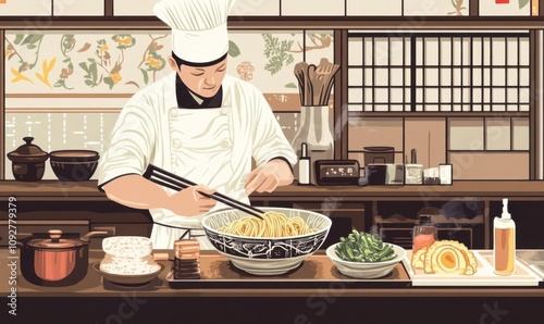 Chef preparing noodles in a traditional kitchen setting.