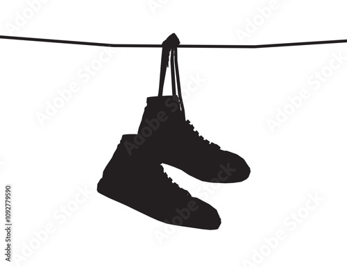 Silhouette Sneakers hanging from a rope on the white background. Vector illustration.