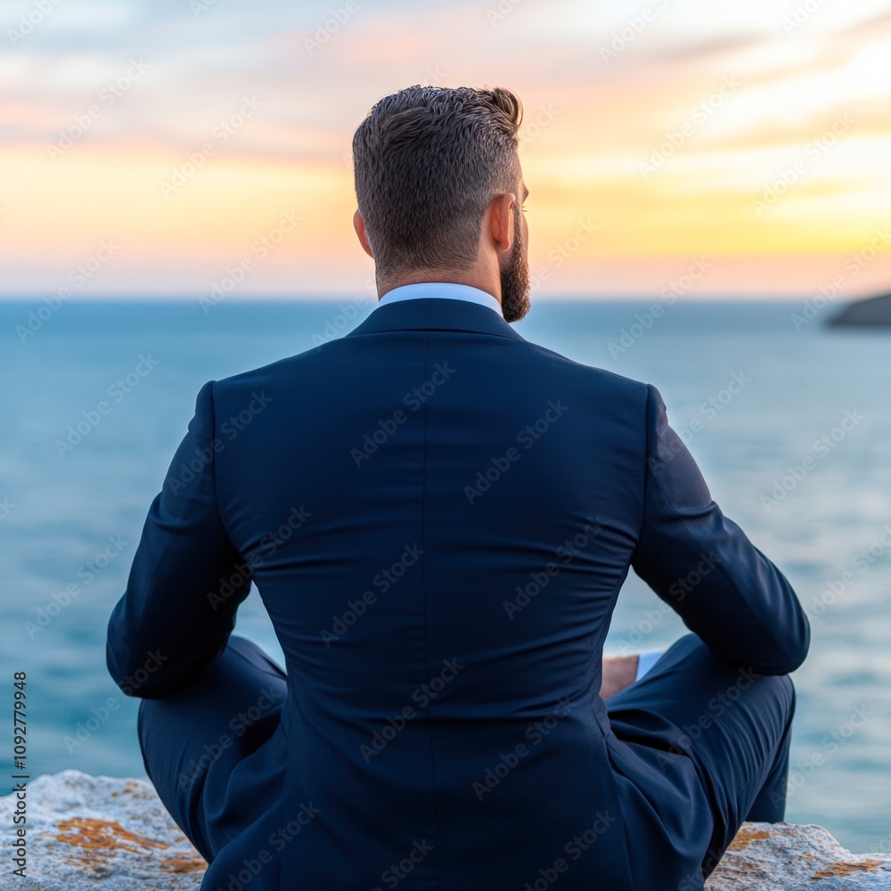 A man in a suit sits cross-legged on a rocky ledge, facing the ocean at sunset, This image conveys tranquility and introspection, ideal for topics on wellness, meditation, or professional development A man in a suit sits cross-legged on a rocky ledge, facing the ocean at sunset, This image conveys tranquility and introspection, ideal for topics on wellness, meditation, or professional development