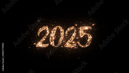 2025 Happy New Year greeting text with particles and sparks on black background, beautiful typography magic design illustration.