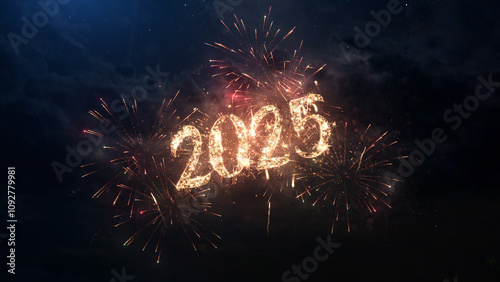 2025 Happy New Year greeting text with particles and sparks on black background, beautiful typography magic design illustration.