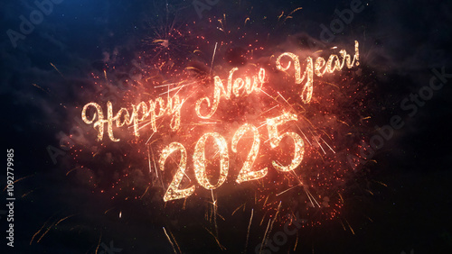 2025 Happy New Year greeting text with particles and sparks on black night sky with colored fireworks on background, beautiful typography magic design illustration.