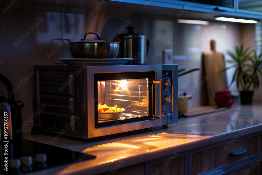 Modern Kitchen Scene Featuring Microwave Oven with Illuminated Food Ready for Heating in Contemporary Domestic Environment at Evening Modern Kitchen Scene Featuring Microwave Oven with Illuminated Food Ready for Heating in Contemporary Domestic Environment at Evening