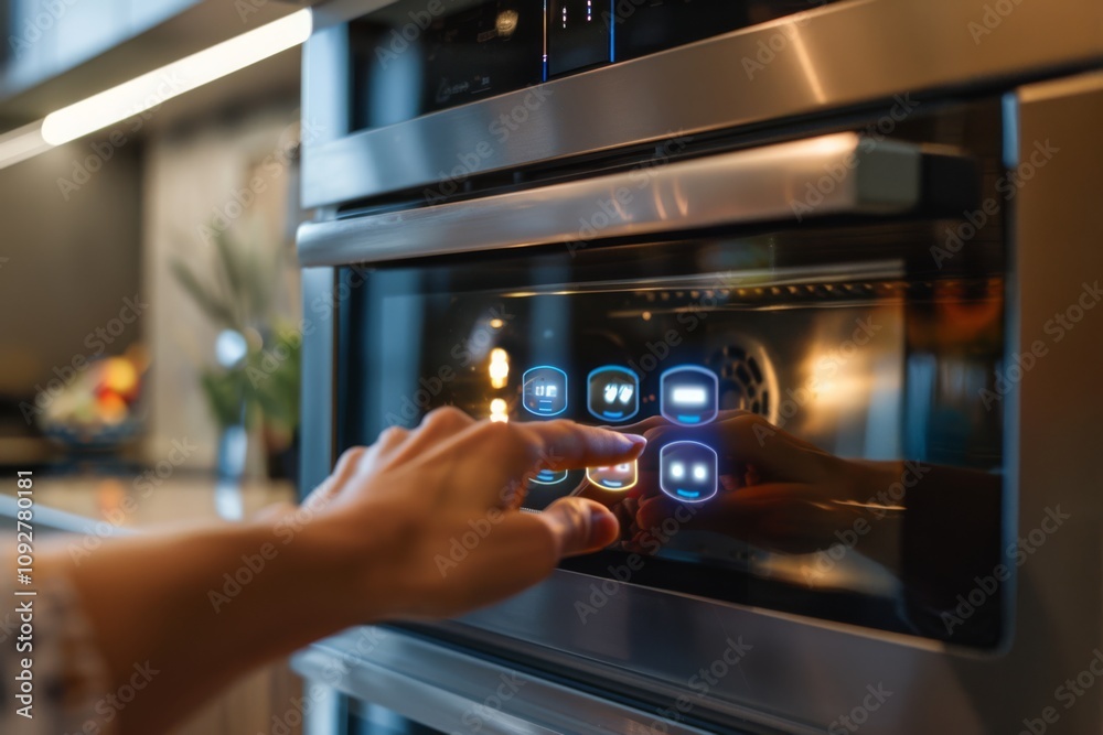 Modern Kitchen Appliance with User Pressing Button on Touchscreen Control Panel for Cooking Settings and Temperature Adjustment in Contemporary Home Environment Modern Kitchen Appliance with User Pressing Button on Touchscreen Control Panel for Cooking Settings and Temperature Adjustment in Contemporary Home Environment
