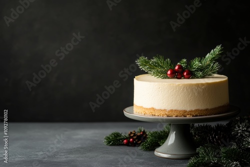 festive cheesecake display, festive cheesecake on antique stand topped with creamy filling, adorned with holiday decorations photo