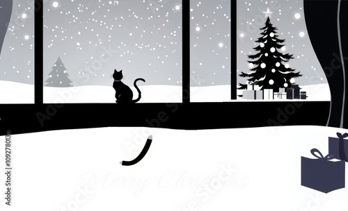 Christmas card with a cat christmas tree with presents snowing winter cat looking out of the window greeting card merry christmas seaon illustration digital christmas tree silhouette Illustration  photo