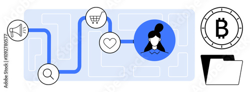 Icons of search, megaphone, shopping cart, heart, user profile, Bitcoin, and files connected by a path. Ideal for marketing, e-commerce, customer journey, cryptocurrency, user experience, digital