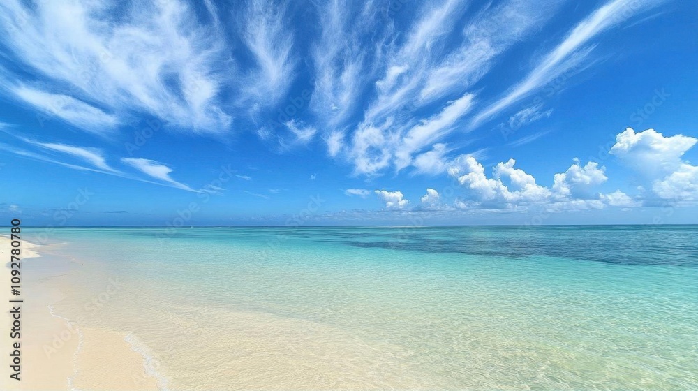 A serene beach scene with clear waters and a blue sky. A serene beach scene with clear waters and a blue sky.