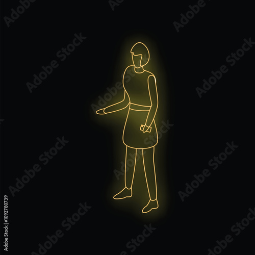 Neon sign of a businesswoman holding a smartphone, gesturing with her hand, isometric projection