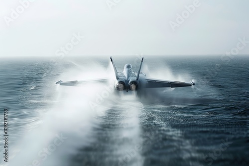 Powerful Military Fighter Jet Taking Off from the Ocean Surface with Water Splashes, Symbolizing Speed, Strength, and Aerospace Innovation in a Dynamic Scene photo