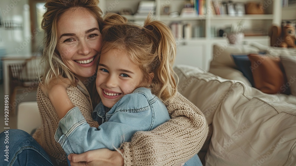 Mother and daughter share a warm embrace in a cozy living room setting during a sunny afternoon Mother and daughter share a warm embrace in a cozy living room setting during a sunny afternoon