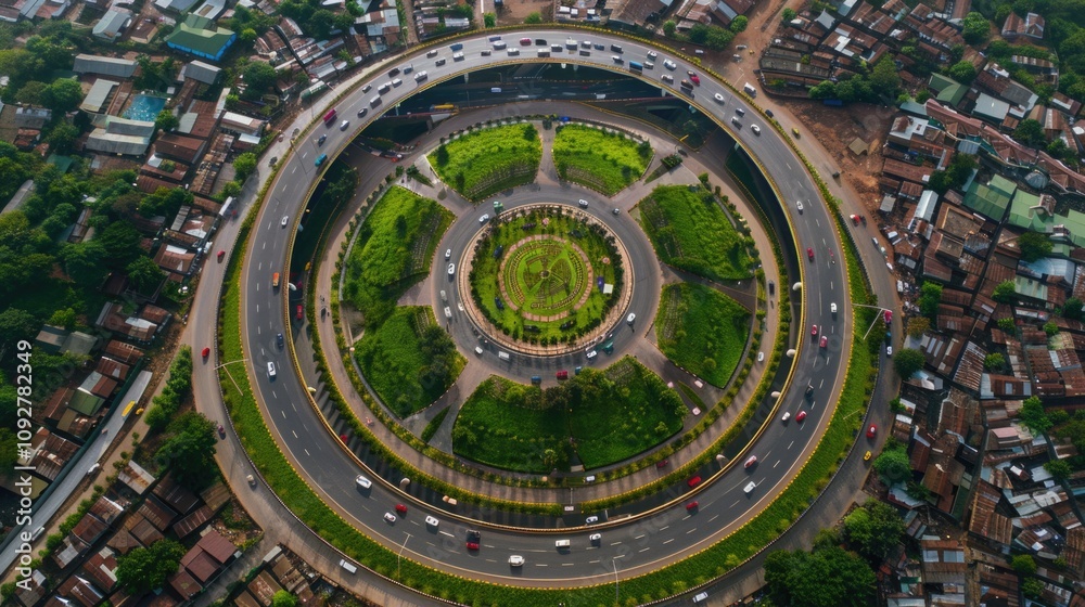 Fototapeta premium Vibrant aerial view of a roundabout surrounded by greenery and urban structures at midday