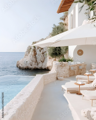 Dreamy Coastal coast Gardenland is a cozy hotel in Italy, surrounded by picturesque gardens. It has comfortable rooms, a swimming pool, a restaurant. 3D render. photo