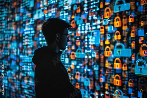 Silhouette of a Young Man in Front of a Digital Wall of Colorful Icons Representing Security, Technology, and Innovation, Capturing the Essence of Modern Cyber Protection