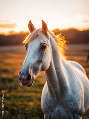 the most beautiful horse shows his temperament and beauty on summer sunset on dreamy meadow in golden hour