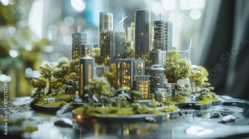 Detailed Model of a Futuristic Cityscape Featuring Modern Architecture, Lush Greenery, Wind Turbines, and Reflective Water Elements in a Captivating Environment