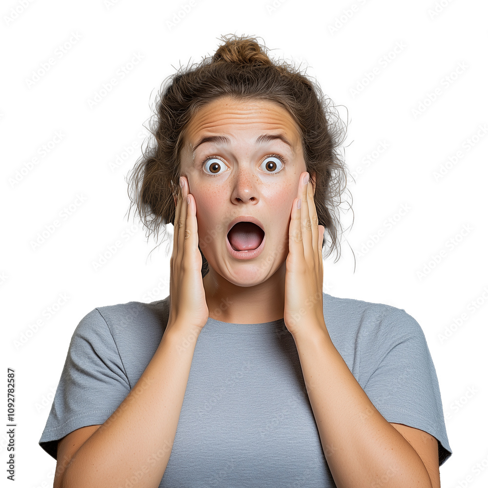 Surprised woman with hands on face expressing shock on transparent background Surprised woman with hands on face expressing shock on transparent background
