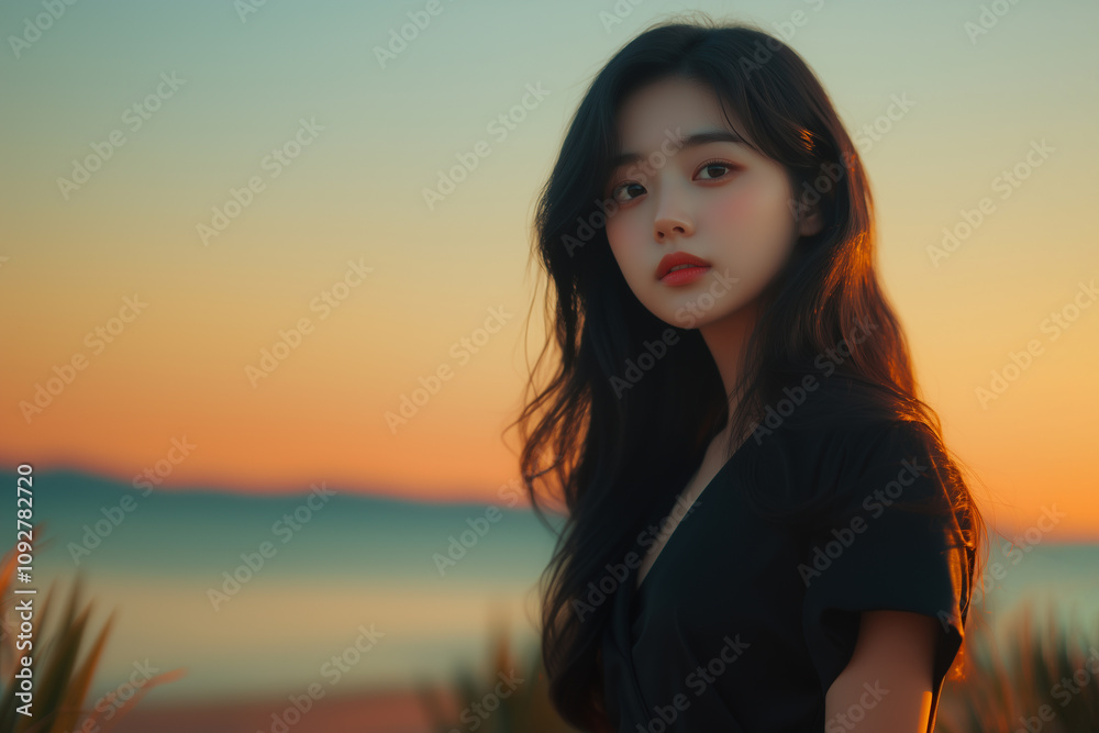 Fototapeta premium young woman with long black hair stands against sunset backdrop, exuding serene and contemplative mood. warm colors of sky enhance tranquil atmosphere.