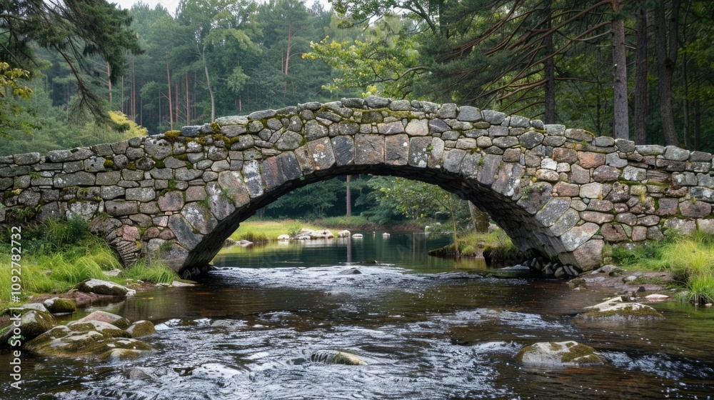 Beautiful stone bridge arches over serene river surrounded by lush forest in peaceful natural setting