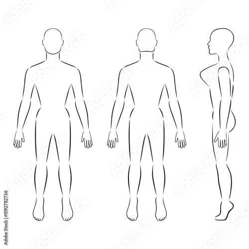 Full length front, back, side view of a lean bald standing naked woman silhouette, isolated on white background. Vector illustration. 