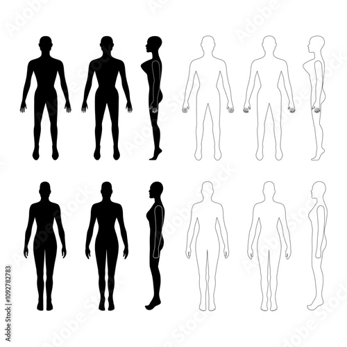 Full length front, back, side view of a lean bald standing naked woman silhouette, isolated on white background. Vector illustration