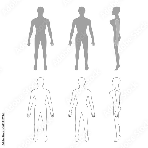 Full length front, back, side view of a lean bald standing naked woman silhouette, isolated on white background. Vector illustration. 