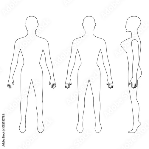 Full length front, back, side view of a lean bald standing naked woman silhouette, isolated on white background. Vector illustration. 